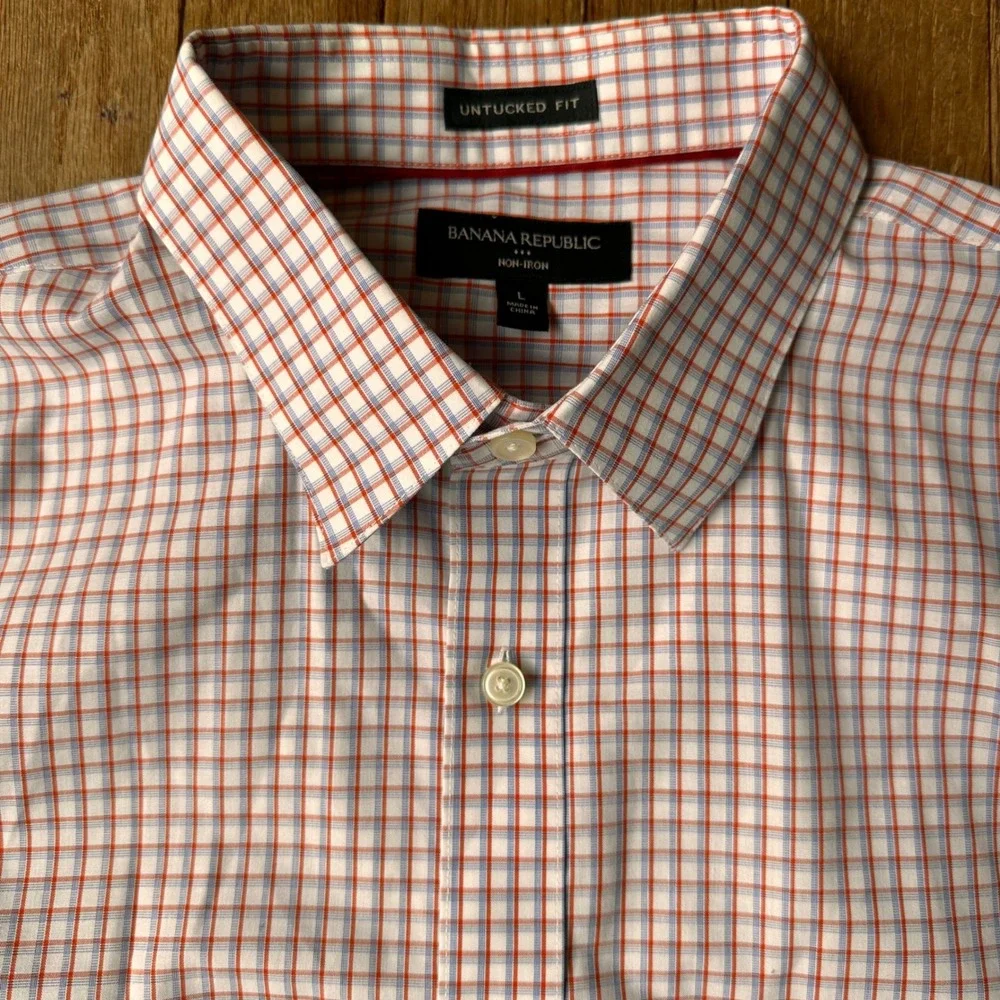 Banana Republic Button Down‎ Shirt Mens L Untucked Fit Non-Iron Plaid Red Blue